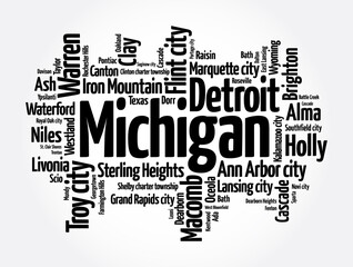 Fototapeta premium List of cities in Michigan USA state, word cloud concept background