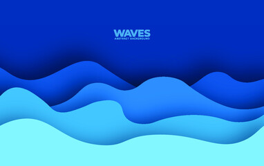 Fototapeta na wymiar Abstract Blue Ocean Waves Art Illustration Vector Background Template, Horizontal. Water Wave Abstract Brochure, Flyer or Presentation Graphic Digital Flow Paper Cut Design.