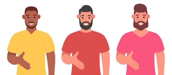 Three different bearded men giving hand shake pose and smiling with welcome gesture. Character set. Vector illustration.