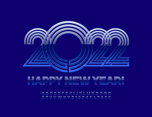 Vector blue Greeting Card Happy New Year 2022! Maze style Alphabet Letters and Numbers set. Shiny creative Font