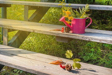 An autumn bouquet of leaves in a pink watering can stands on the stairs in the garden