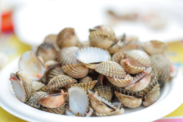 Scallop shells that are eaten on a plate