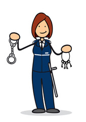 Cartoon Frau als Justizvollzugsbeamtin mit Handschellen