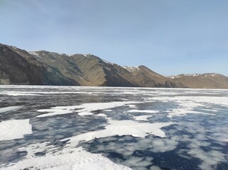 transparent lake covered with ice in winter