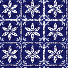 Vector blue shibori quilt squares floral tiles seamless pattern 08. Suitable for textile, gift wrap and wallpaper.