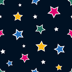 Abstract seamless pattern tile with bright colorful stars on dark blue background vector. Geometric shapes ornament. Repeating texture. Backdrop. Wallpaper. Gift wrapping paper. Fashion fabric print.
