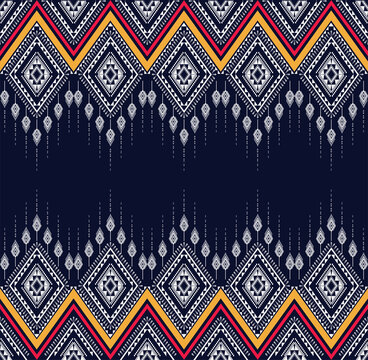 Fototapeta Geometric ethnic texture embroidery design with Dark Blue background design, skirt,carpet,wallpaper,clothing,wrapping,Batik,fabric,sheet white,yellow and pink triangle shapes Vector, illustration styl