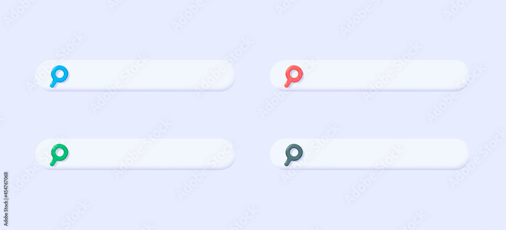Poster set of 3d icons of search bar with magnifying glass in different colors