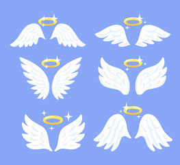 Flying angel wings with nimbus vector. Bird feathers set.