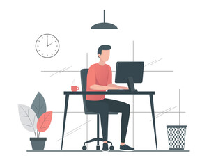 Office work concept. The young man works at the computer. Colored flat illustration. Isolated on white background.