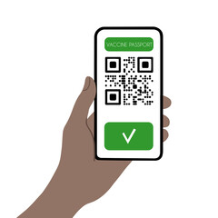 Hand holding smartphone with valid covid passport qr code isolated on white background vector illustration