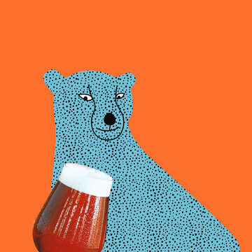 Contemporary art collage, modern design. Holiday mood. Composition with painted blue cheetah looking at glass with dark foamed beer on orange background.