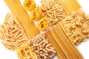 Assorted varieties of pasta background. Mix macaroni