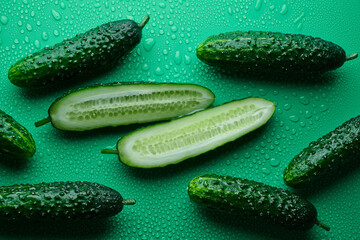 Set of fresh whole and sliced cucumbers on a green background with water drops. Garden cucumber wallpaper backdrop design