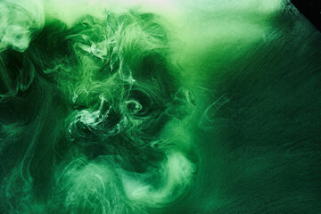 Obraz premium Abstract green color background. Swirling vibrant hookah smoke, underwater emerald ocean, dynamic paint in water