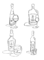 Bottle and glass vodka, whiskey, red wine, liquor together in hand drawn style. Beverage outline icon. Restaurant illustration for celebration design. Line art sketch. Black contour object.