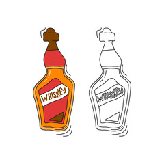Fototapeta na wymiar Whiskey bottle on white background. Two kinds beverage. Cartoon sketch graphic design. Doodle style with black contour line. Colored hand drawn object. Party drinks concept. Freehand drawing style