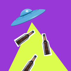Contemporary art collage, modern design. Retro style. Flying beer bottles and UFO on yellow purple...