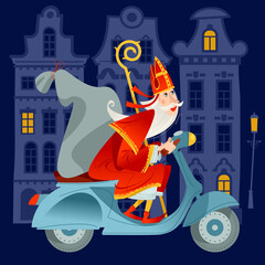 Sinterklaas (Santa Claus) on a motorroller with a bag of gifts. Christmas in Holland.