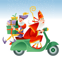 Christmas in Holland. Sinterklaas (Santa Claus) and his helper deliver gifts on a motorroller.