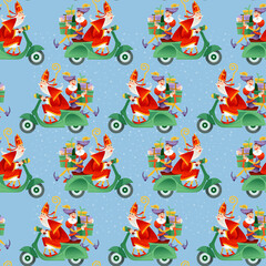 Christmas in Holland. Sinterklaas (Santa Claus) and his helper deliver gifts on a motorroller. Seamless background pattern.
