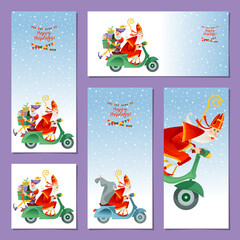 Set of 5 universal cards with Sinterklaas (Santa Claus) and his helper deliver gifts on a motorroller.