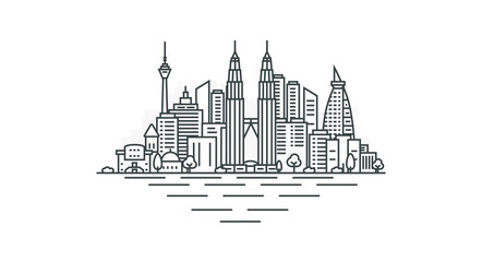 City of Kuala Lumpur, Malaysia architecture line skyline illustration. Linear vector cityscape with famous landmarks, city sights, design icons, with editable strokes isolated on white background.