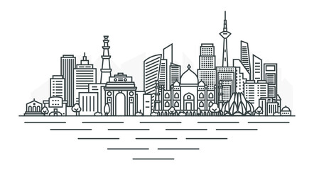 City of New Delhi, India architecture line skyline illustration. Linear vector cityscape with famous landmarks, city sights, design icons, with editable strokes isolated on white background.