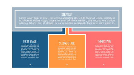 Business process. Chart with 3 steps, options, sections. Vector template.