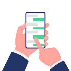 Hand holding smartphone with application with chat boxes. Vector illustration.