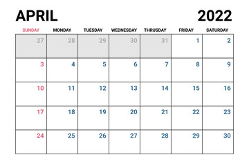 2022 April Calendar Vector