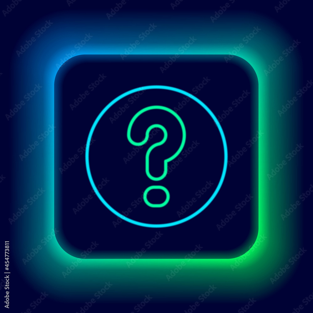 Poster glowing neon line speech bubbles with question icon isolated on black background. faq sign. chat spe