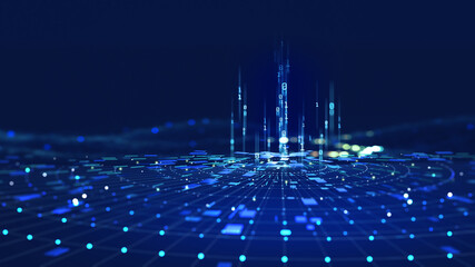 Smart city and big data connection technology concept 3d illustration. Sci-fi Skyline, Blue Neon lights. Wireless digital connection and internet of things future
