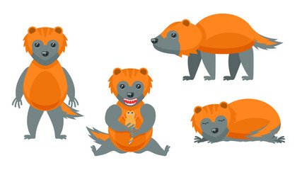Set Abstract Collection Flat Cartoon Different Animal Wolverines Stand, Eating A Rodent, Sleep Vector Design Style Elements Fauna Wildlife