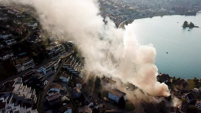 Grossbrand B&auml;ch, Zug f&auml;hrt durch Rauch, Drohne, MoozOut
