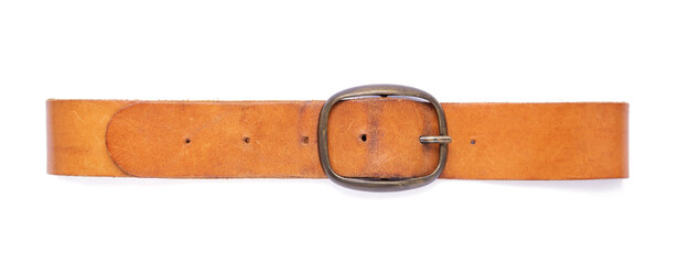 Old leather belt isolated at white background. Old shabby belt with buckle - 454774221