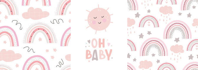 Rainbow cute patterns and lettering - oh baby . Creative childish print for fabric, wrapping, textile, wallpaper, apparel.Vector cartoon illustration in pastel colors