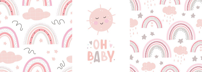 Rainbow cute patterns and lettering - oh baby . Creative childish print for fabric, wrapping, textile, wallpaper, apparel.Vector cartoon illustration in pastel colors
