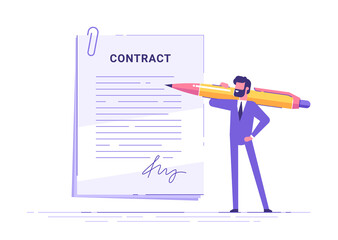 Man signing contract with big pen.  Online deal and e-agreement concept. Modern vector illustration.