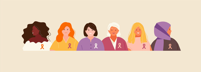 Group women together breast cancer day. Prevention and awareness vector banner