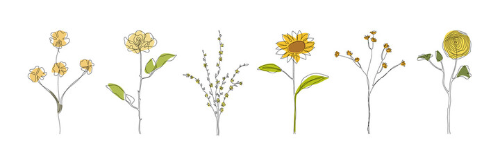 Set of one line art flowers. Vector monoline yellow branch, rose, sunflower. Isolated on white background. Doodle floral concept. Print, textile, fashion, accessories, media, postcard, package.