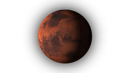 abstract mars planet on white background. Spinning planet mars on dark .Planet mars sun rise isolate on dark. front view of Mars planet from space.