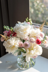 A bouquet of flowers on the table in the sunset light.