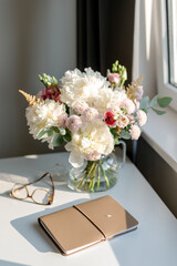 A bouquet of flowers and a notebook on the table in the sunset light.