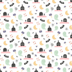 Halloween theme seamless pattern with haunted cemetery. Cute hand drawn graveyard with ghost, bat, spider. Kawaii vector background for wrapping paper, package, print, gift, fabric, textile, wallpaper