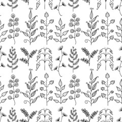 Seamless pattern of various drawn decorative fantasy plants