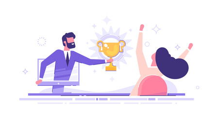 Handsome businessman holds out a golden cup from a monitor to a happy woman. Office worker. Award in the online contest. Modern vector illustration.

