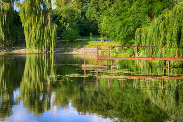 Fototapeta na wymiar Beautiful lake in the city park in the autumn season