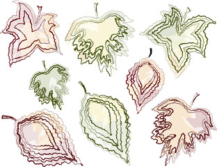 Vector doodle contour drawings of set various abstract autumn trees leaves