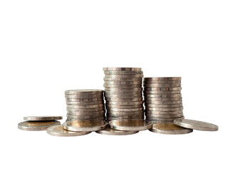 Stack of Thai Baht coins isolated on white background.  Money income concept. Investment,  profit,...